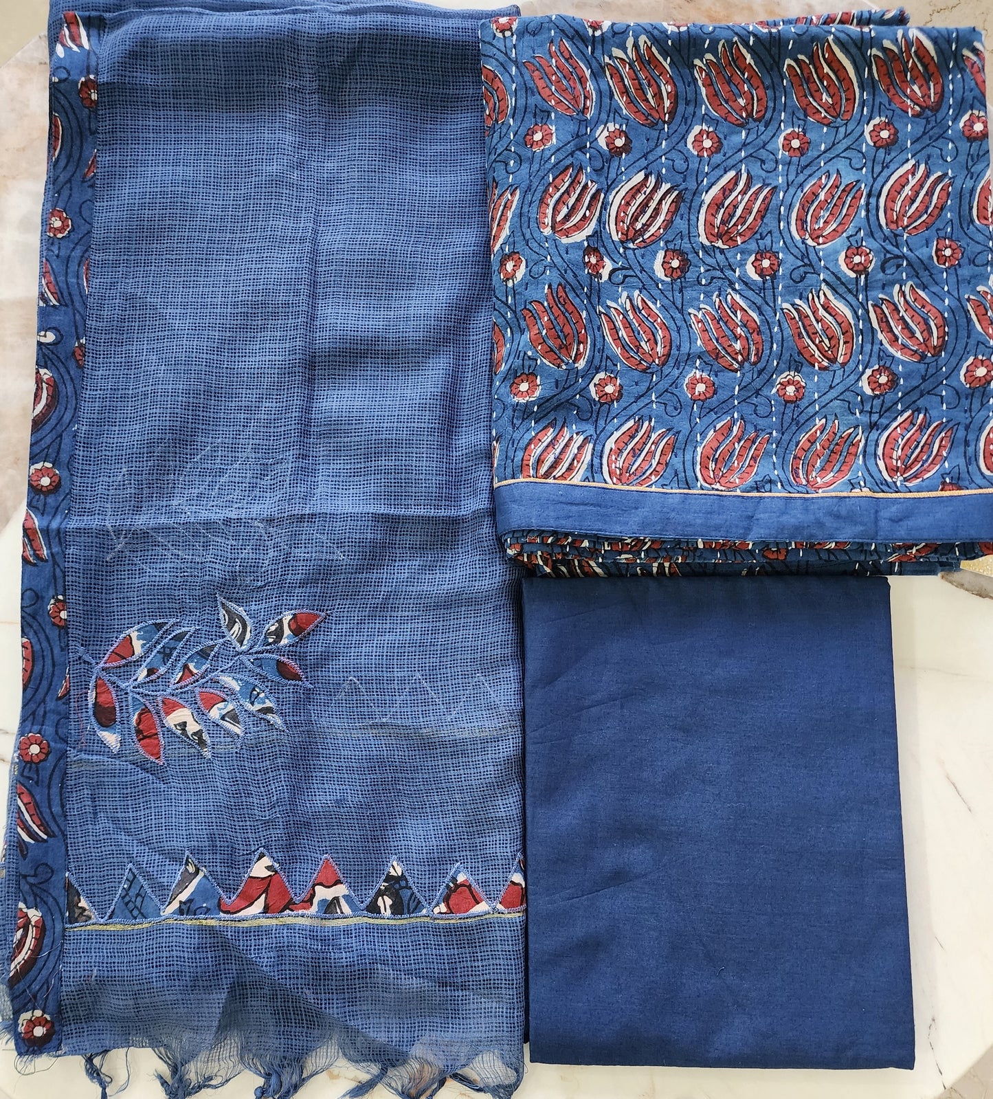 Cotton Kalamkari Kurta Set With Kota Dupatta in Blue