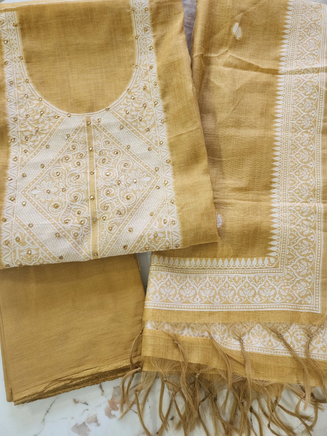 Mustard Jamdaani Kurta Set With Dupatta