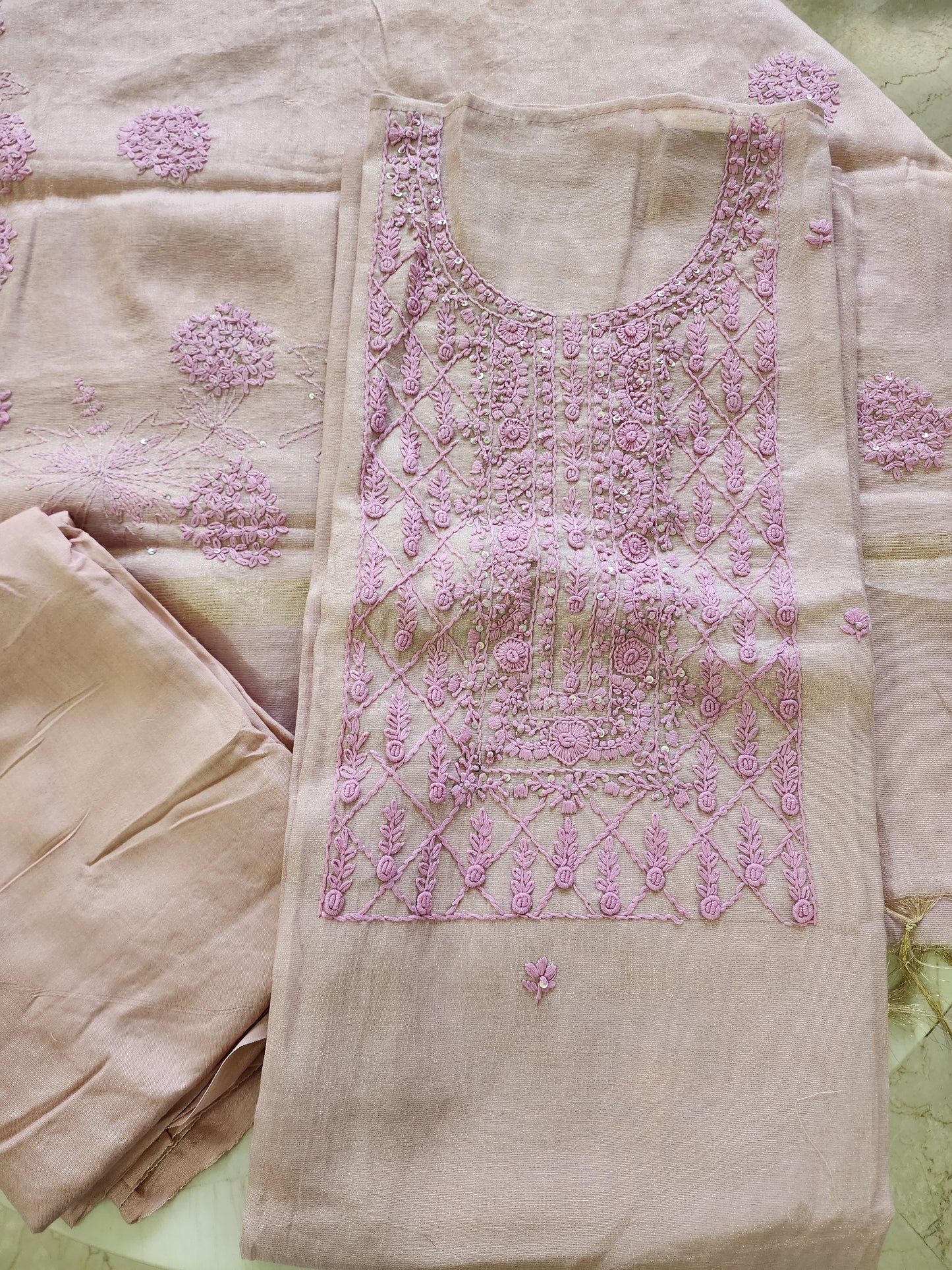 Pink Tissue Hand Embroidered Kurta Set