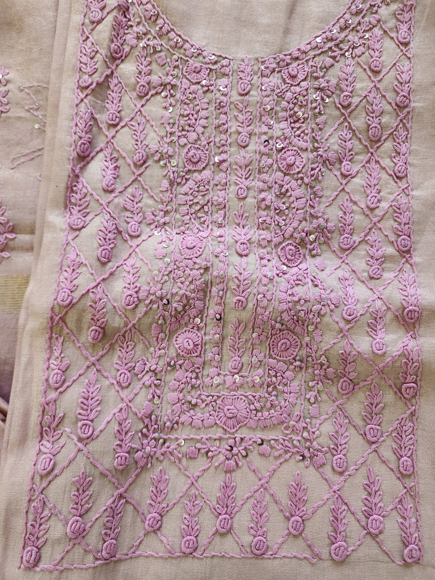 Pink Tissue Hand Embroidered Kurta Set