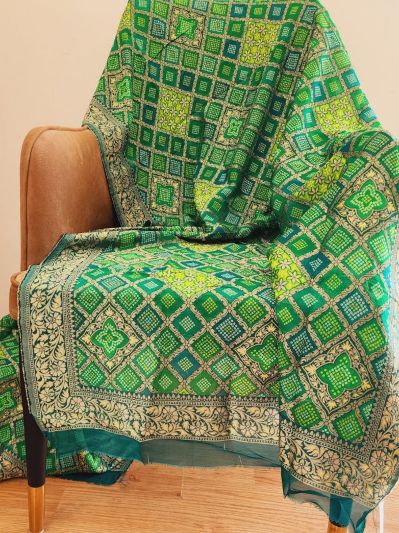 Green Bandhani and Zari Dupatta in Golden Khaddi Georgette