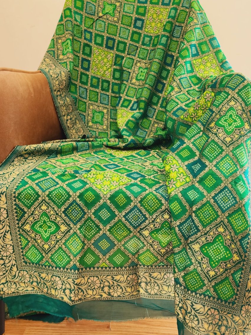 Green Bandhani and Zari Dupatta in Golden Khaddi Georgette