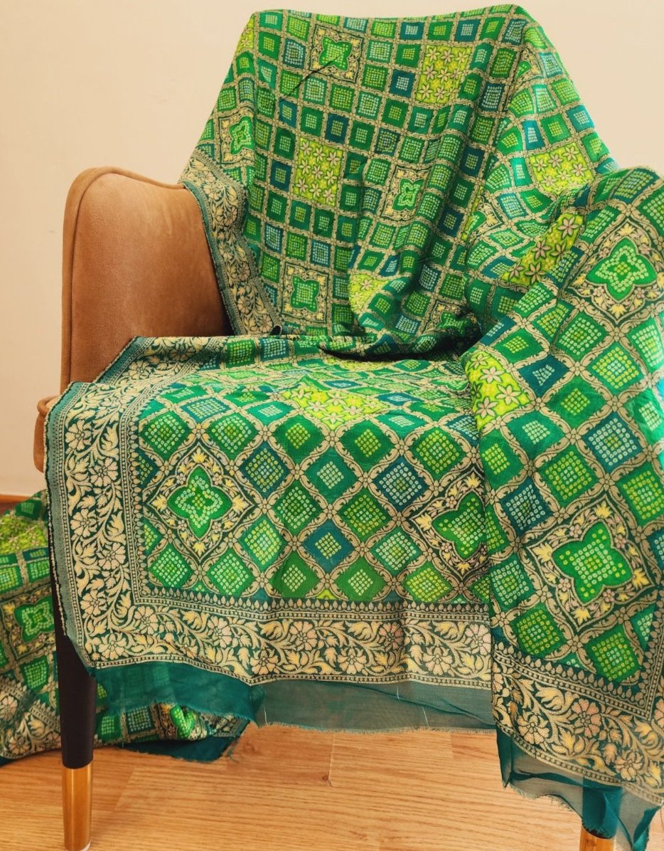 Green Bandhani and Zari Dupatta in Golden Khaddi Georgette