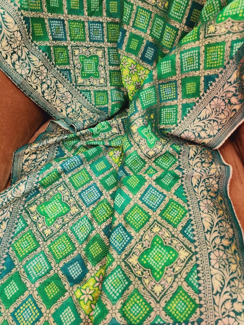 Green Bandhani and Zari Dupatta in Golden Khaddi Georgette