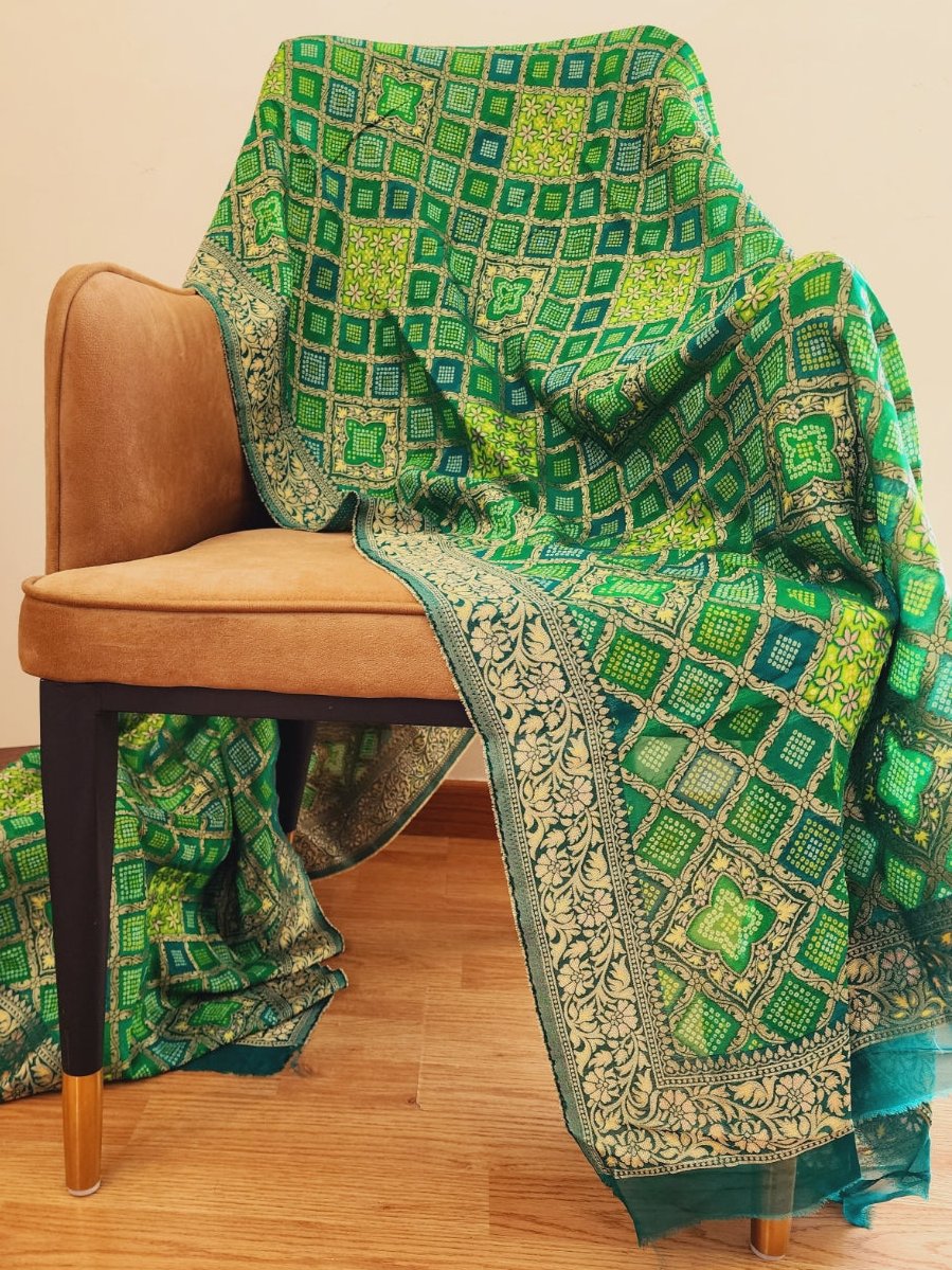 Green Bandhani and Zari Dupatta in Golden Khaddi Georgette