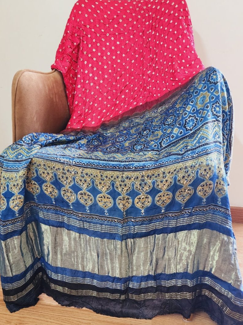 Pink & Blue Dual Shade Fusion Bandhani & Ajrak Dupatta in Modal Silk