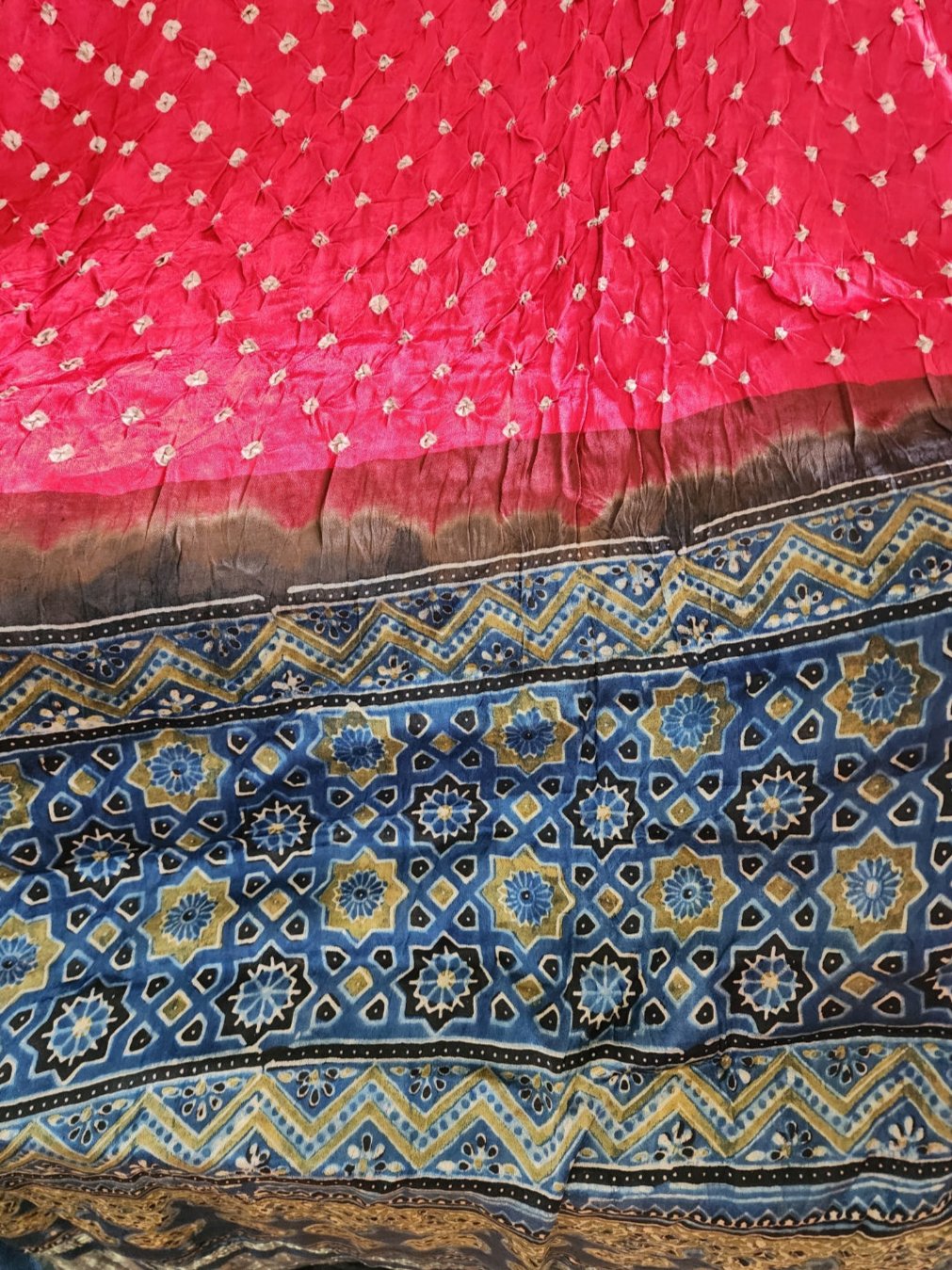 Pink & Blue Dual Shade Fusion Bandhani & Ajrak Dupatta in Modal Silk