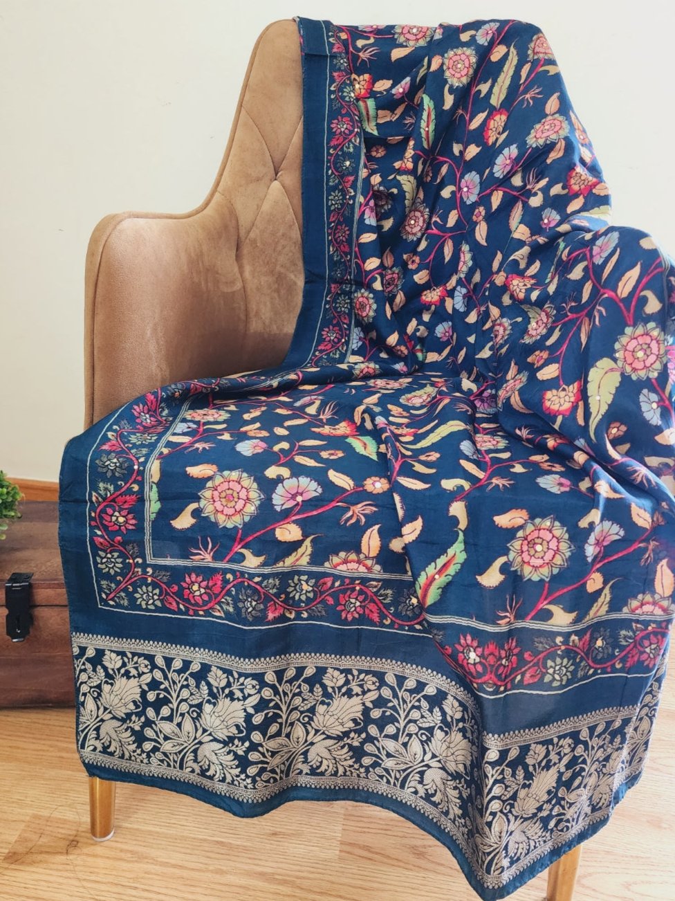 Teal Blue Kalamkari Print Dupion Silk Dupatta