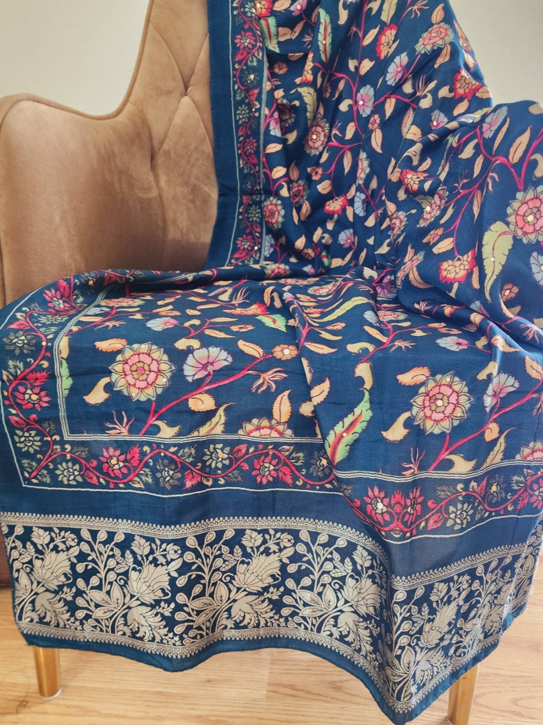 Teal Blue Kalamkari Print Dupion Silk Dupatta