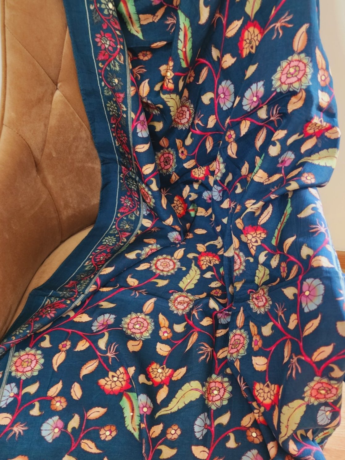 Teal Blue Kalamkari Print Dupion Silk Dupatta