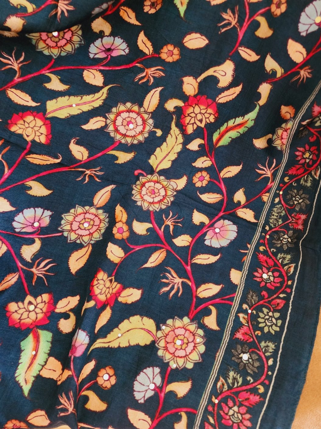 Teal Blue Kalamkari Print Dupion Silk Dupatta