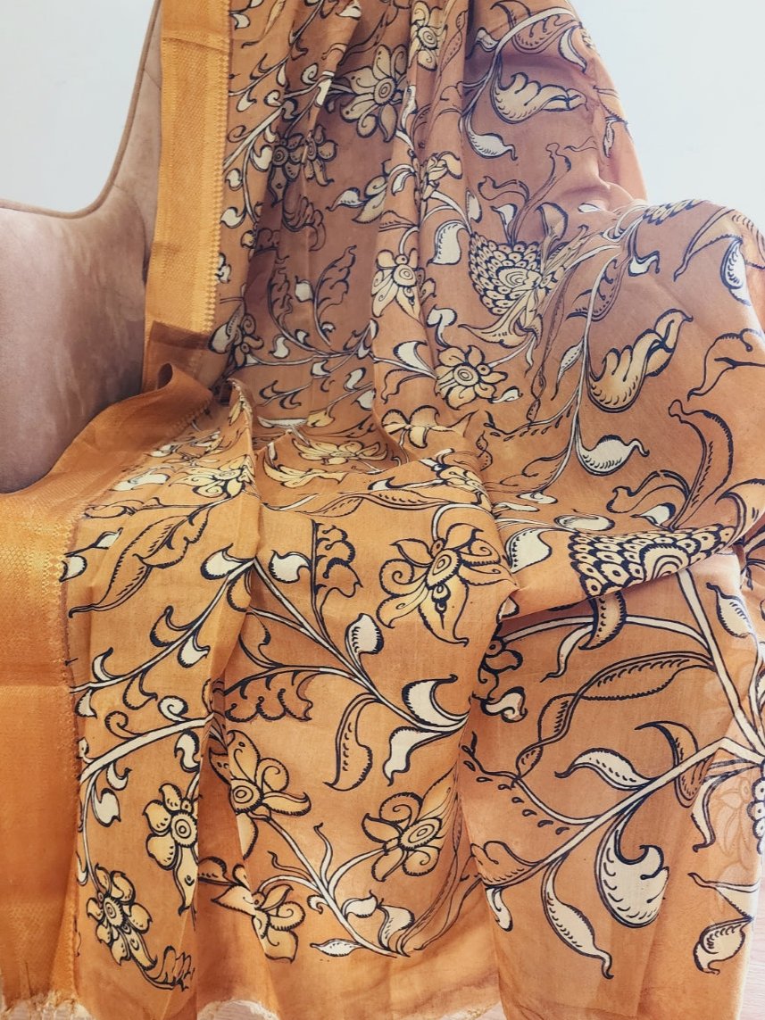 Mustard Handpainted Kalamkari Dupatta in Pure Cotton