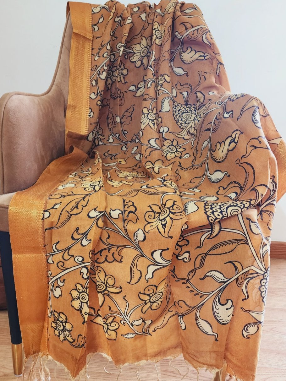 Mustard Handpainted Kalamkari Dupatta in Pure Cotton