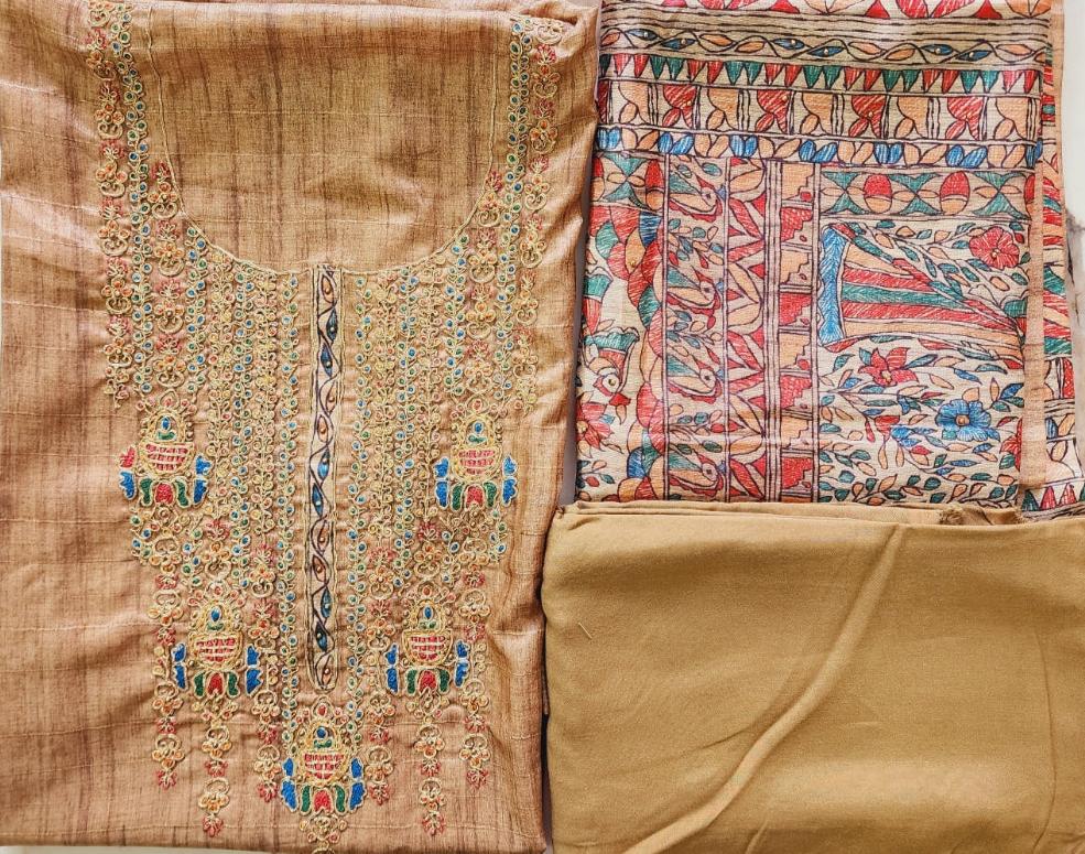 Tussar Silk Brown Kurta Set With Madhubani Print Dupatta