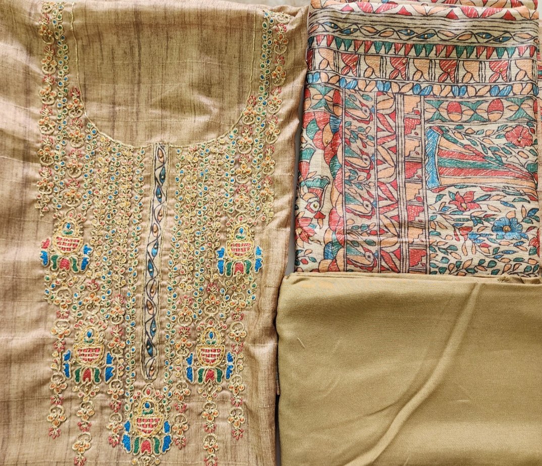 Tussar Silk Brown Kurta Set With Madhubani Print Dupatta