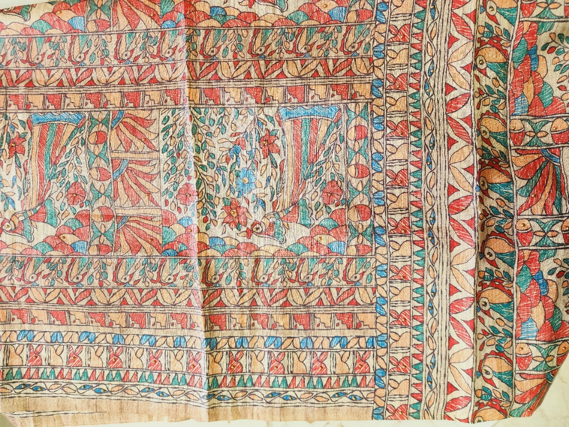 Tussar Silk Brown Kurta Set With Madhubani Print Dupatta