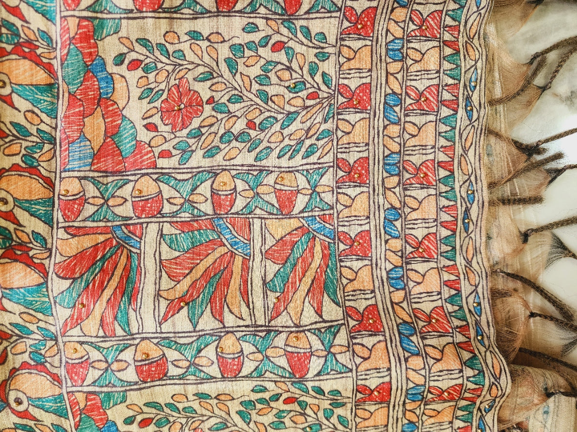 Tussar Silk Brown Kurta Set With Madhubani Print Dupatta