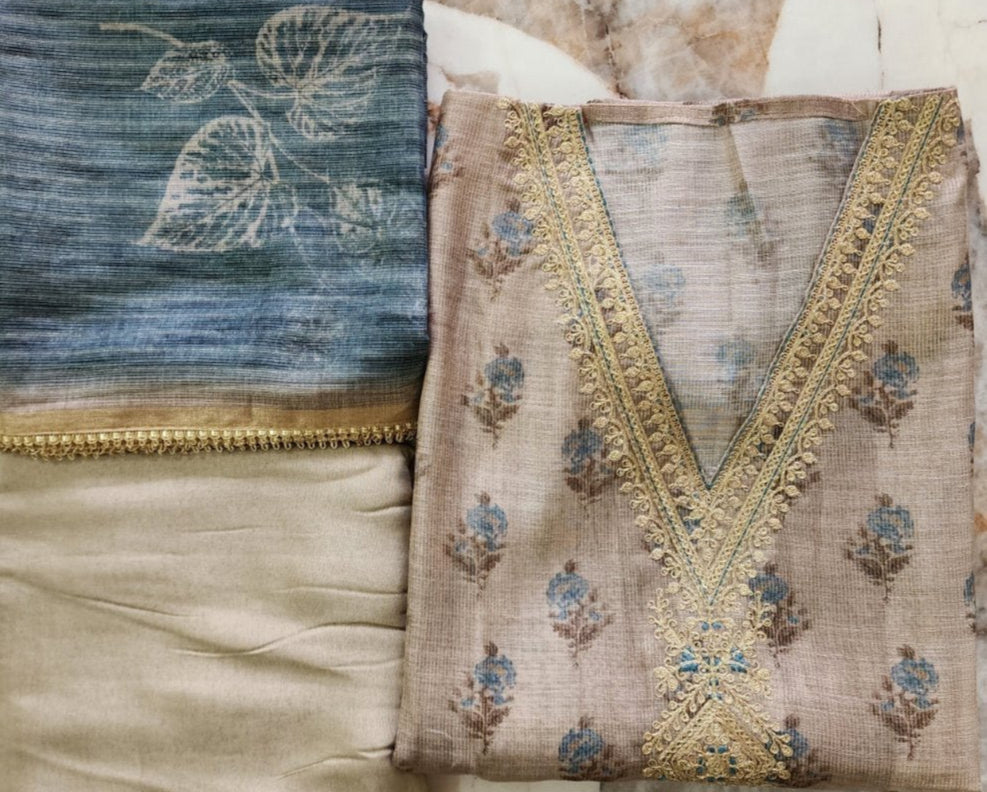Gold & Teal Handblock Kota Tissue Kurta Set With Embroidery