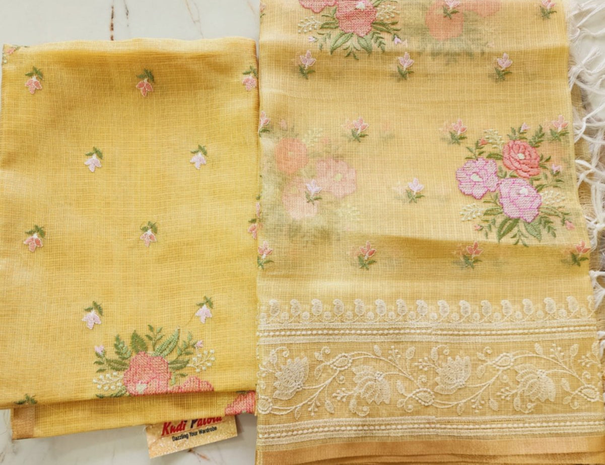 Yellow Kota Tissue Kurta Set with Shirt and Dupatta