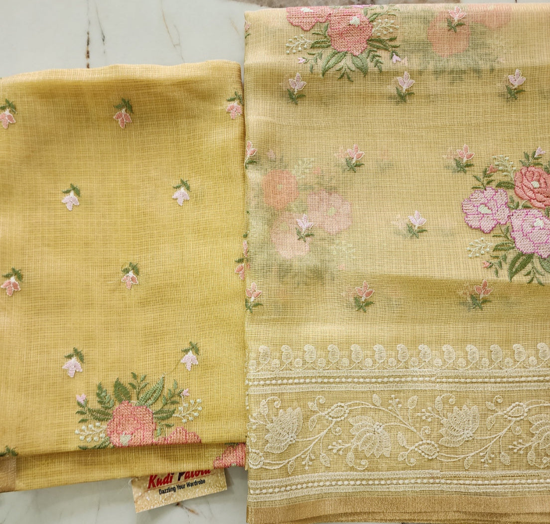 Yellow Kota Tissue Kurta Set with Shirt and Dupatta