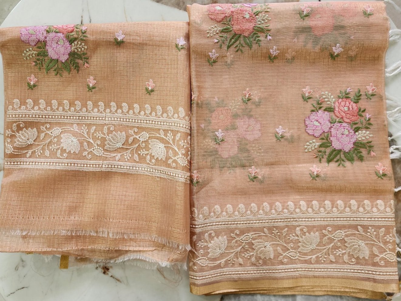 Peach Kota Tissue Kurta Set with Shirt and Dupatta