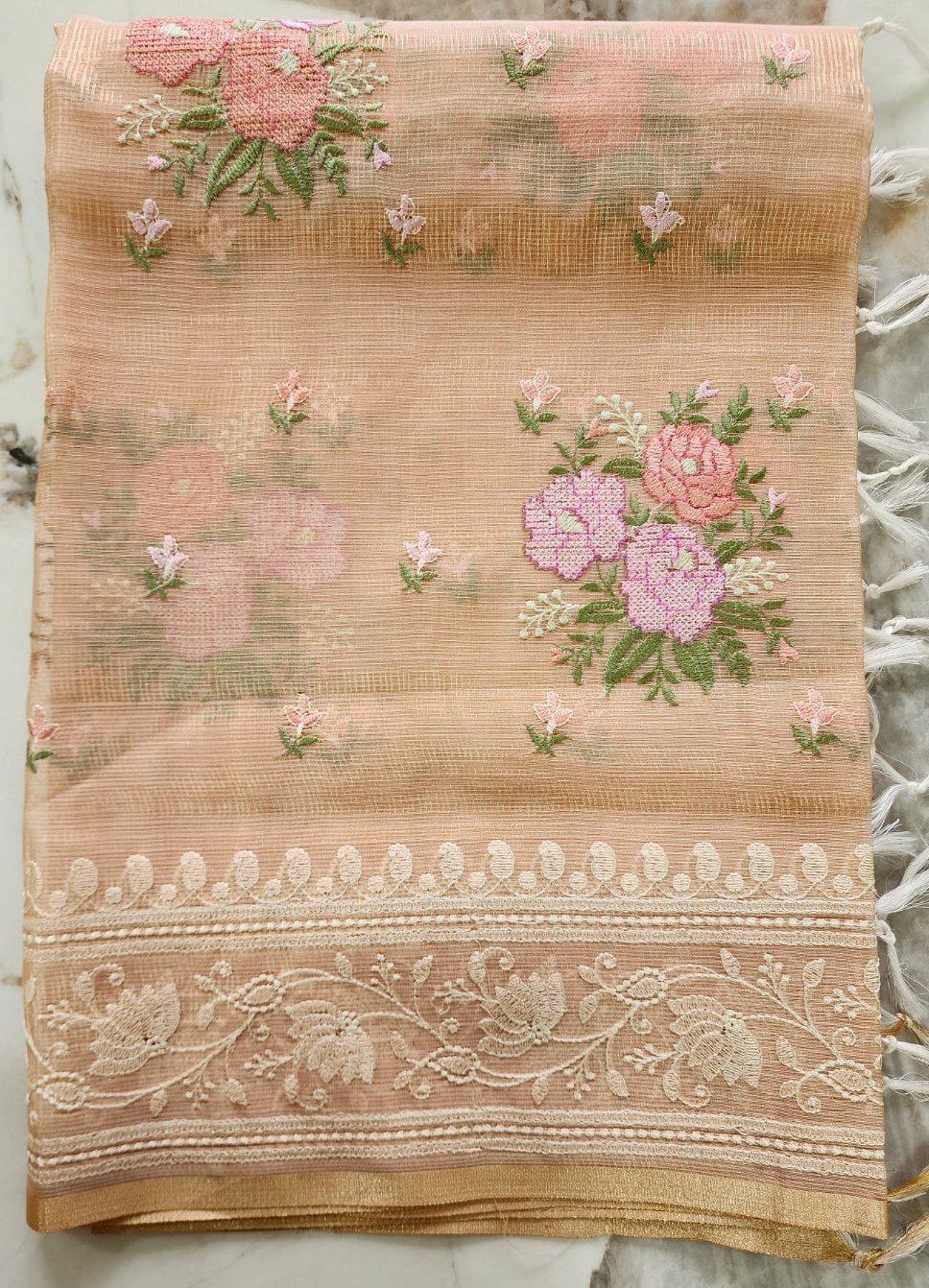 Peach Kota Tissue Kurta Set with Shirt and Dupatta