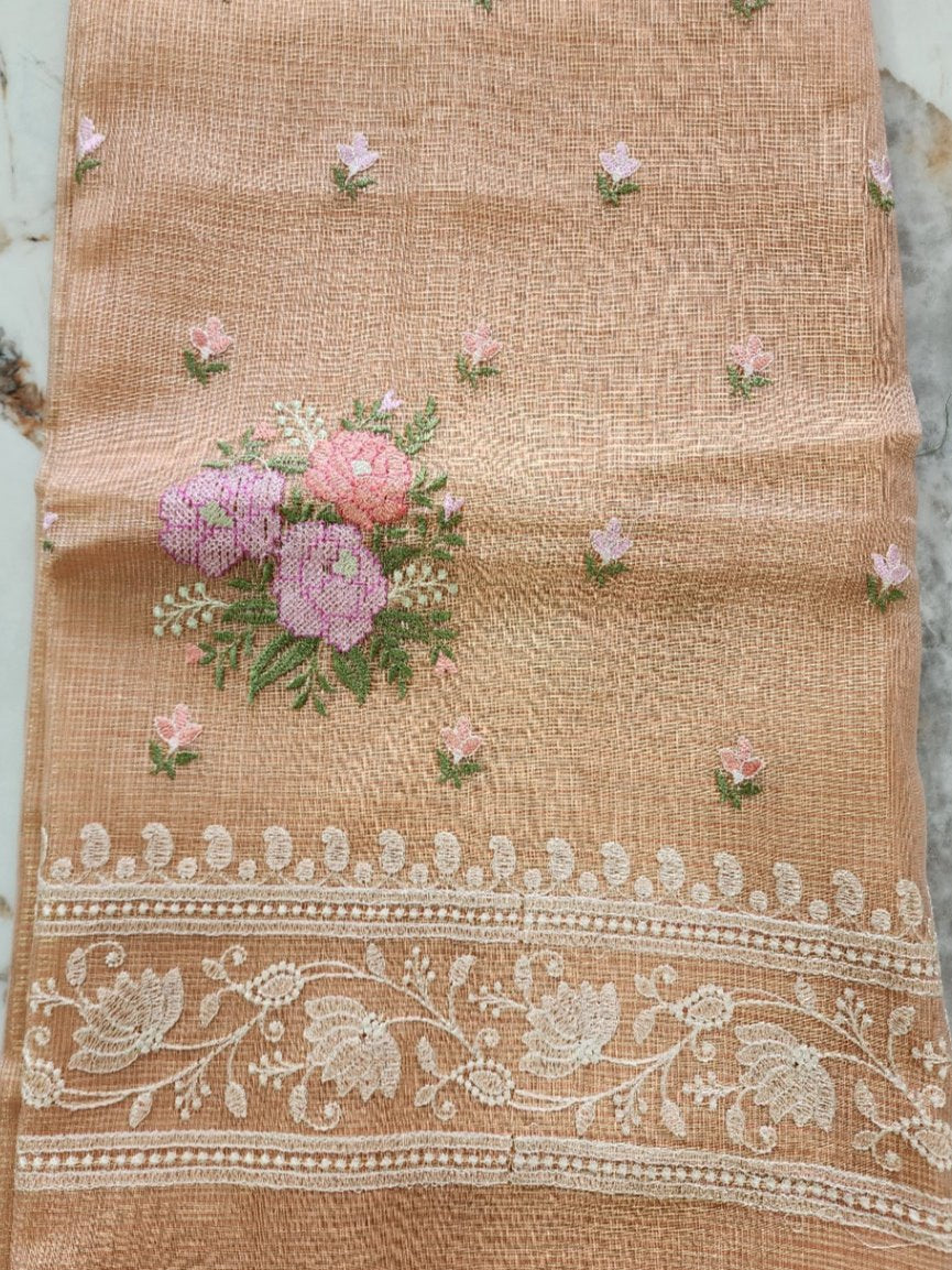 Peach Kota Tissue Kurta Set with Shirt and Dupatta