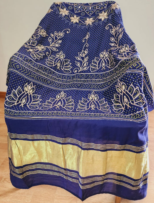 Blue Bandhani Print Gaji Silk Dupatta With Gota Patti, Aaree Work & Zari Border