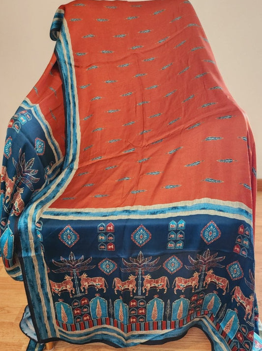 Brown Pichwai Print Dupatta in Modal Silk