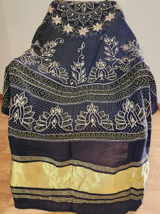 Black Bandhani Print Gaji Silk Dupatta With Gota Patti, Aaree Work & Zari Border