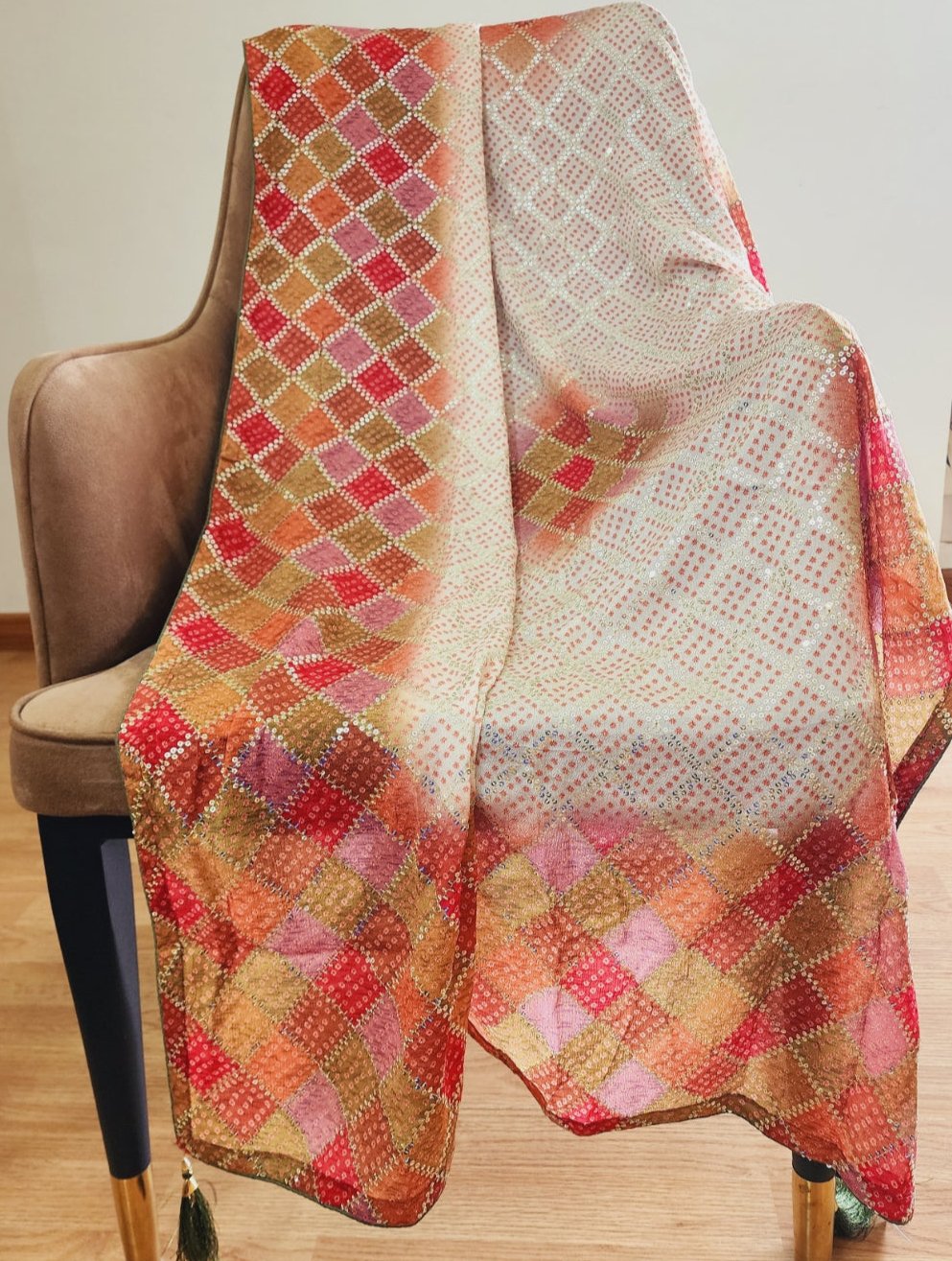 Red & Beige Dupatta With Sequins