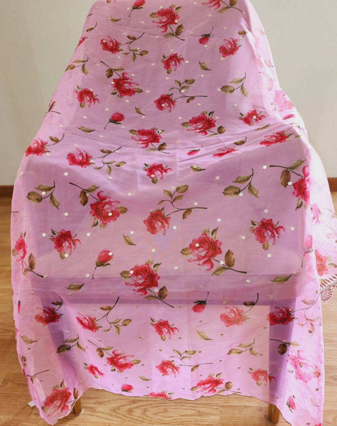 Pink Floral Organza Dupatta With Golden Border