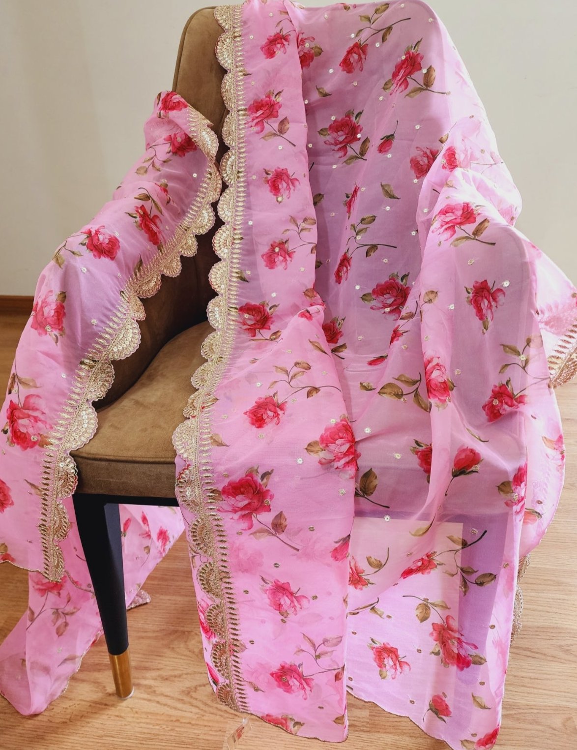 Pink Floral Organza Dupatta With Golden Border