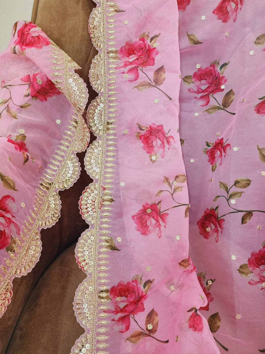 Pink Floral Organza Dupatta With Golden Border