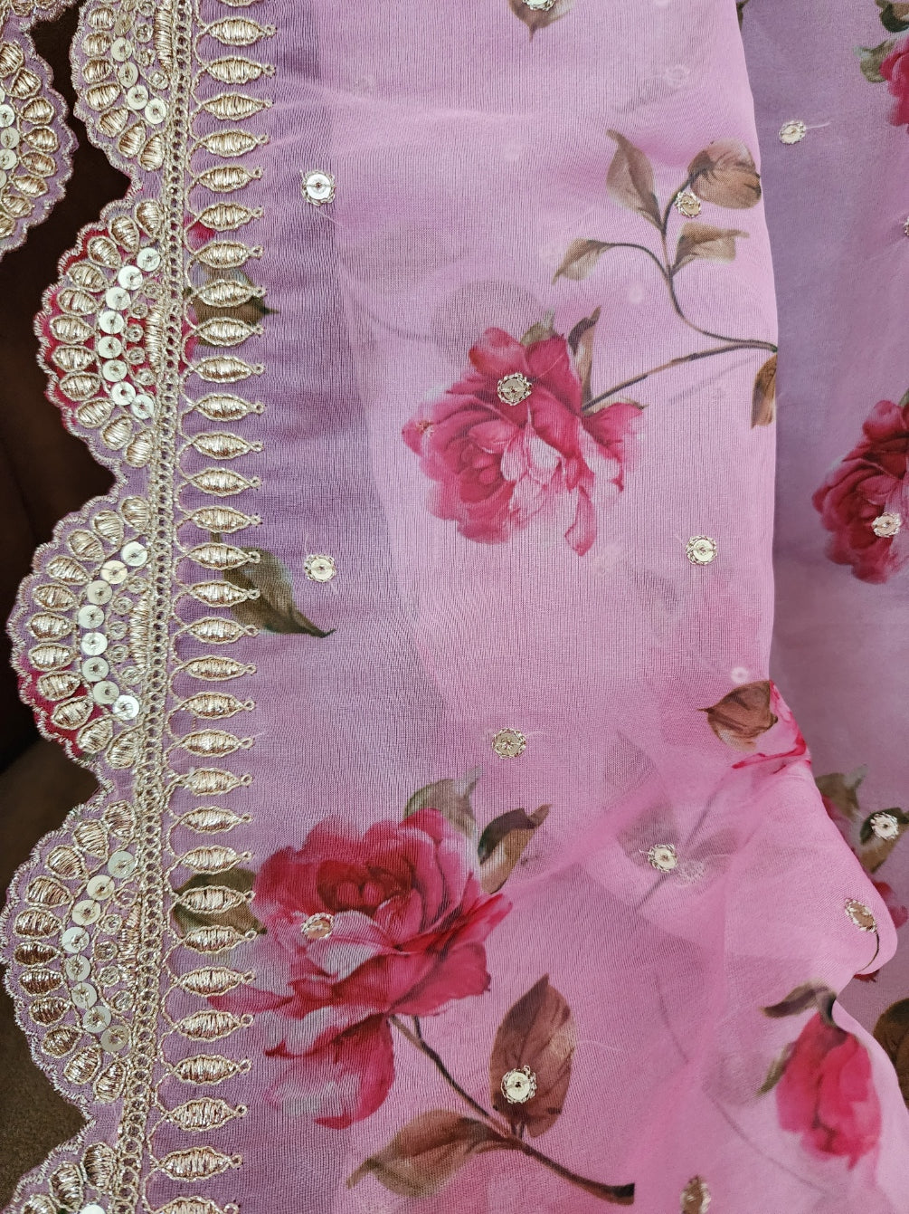 Pink Floral Organza Dupatta With Golden Border