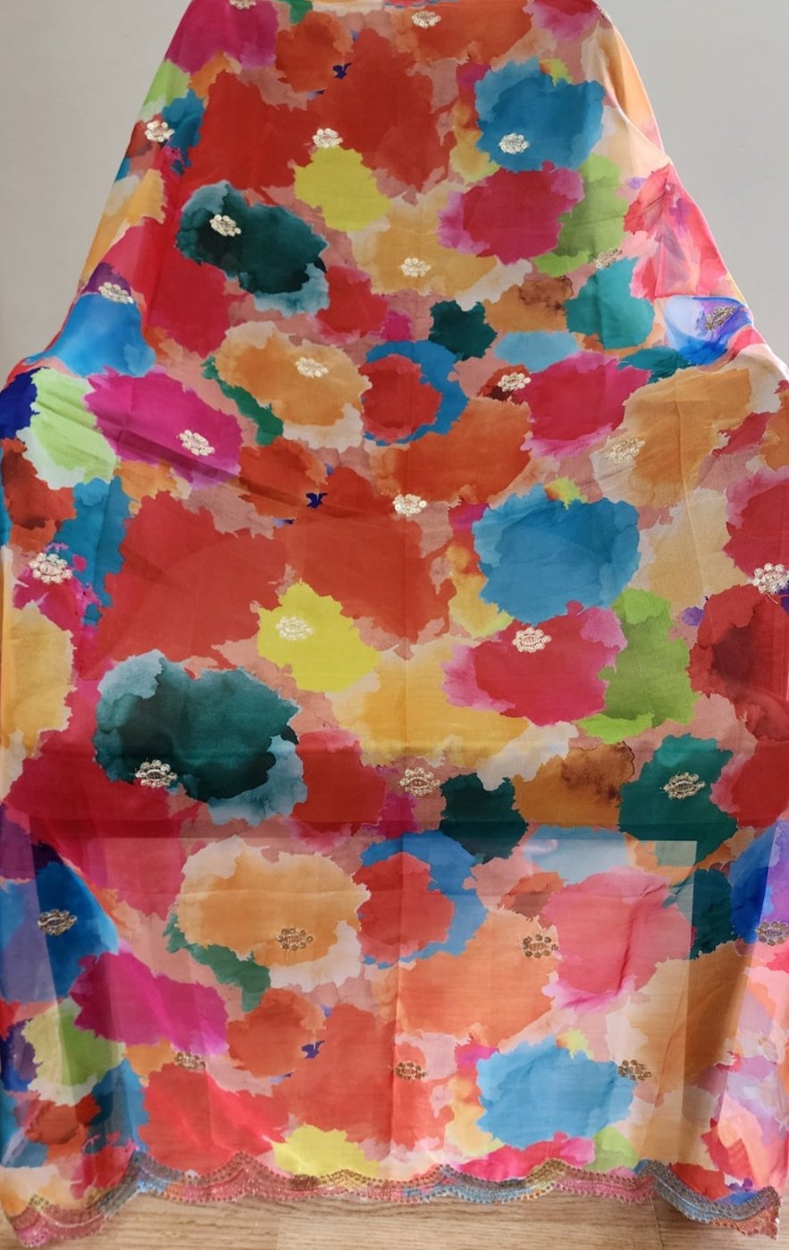 Multi Color Organza Dupatta With Golden Border