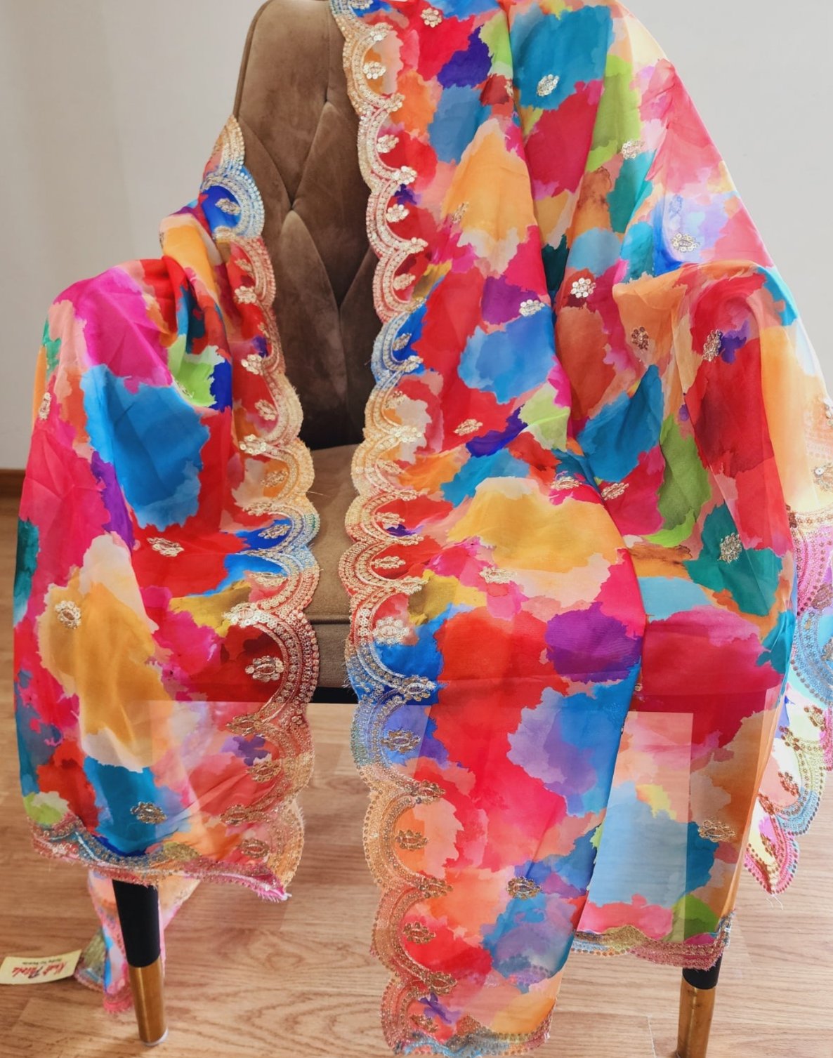 Multi Color Organza Dupatta With Golden Border