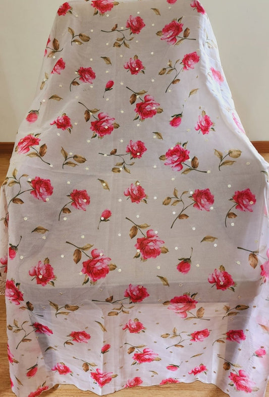 Cream/Offwhite Floral Organza Dupatta With Golden Border
