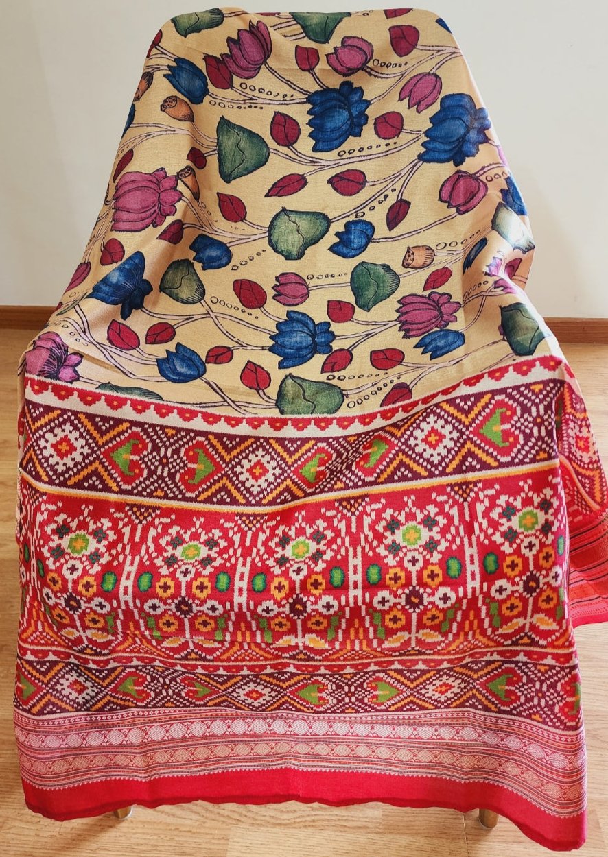 Kalamkari & Patola Print Fusion Dupatta In Cotton Silk