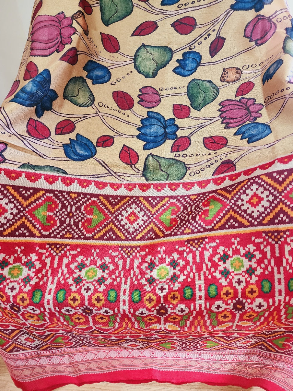 Kalamkari & Patola Print Fusion Dupatta In Cotton Silk