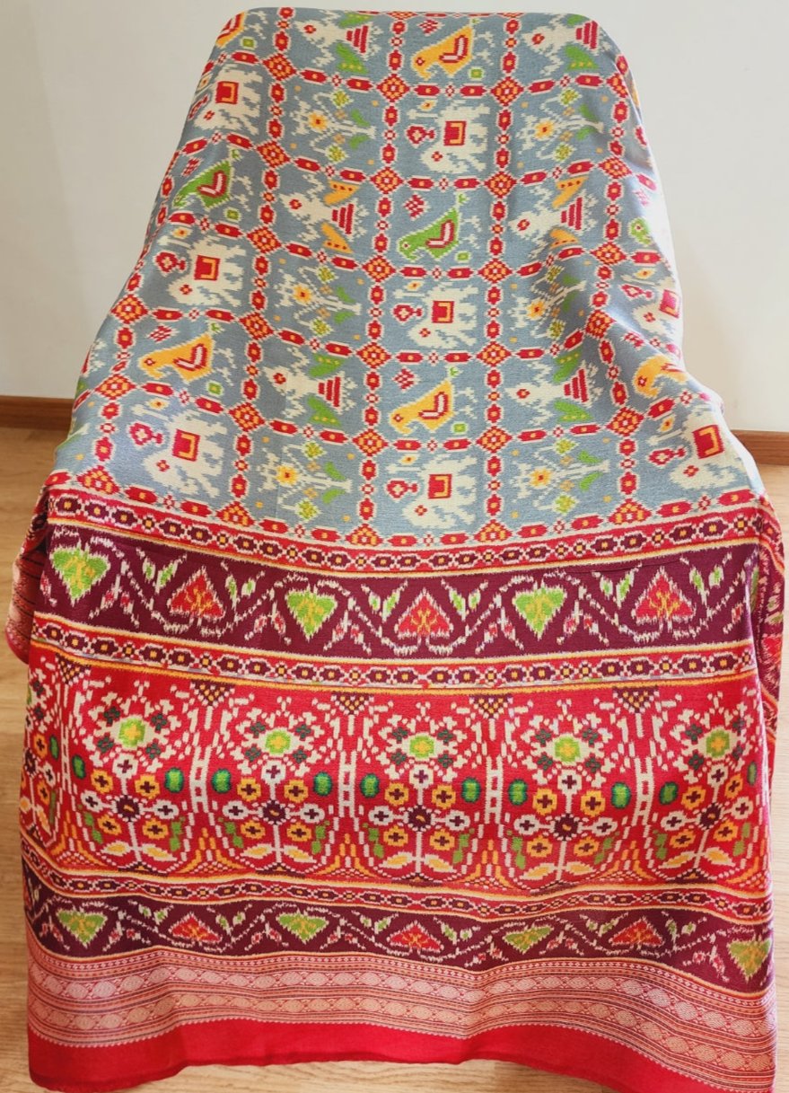 Kalamkari & Patola Print Fusion Grey Dupatta In Cotton Silk