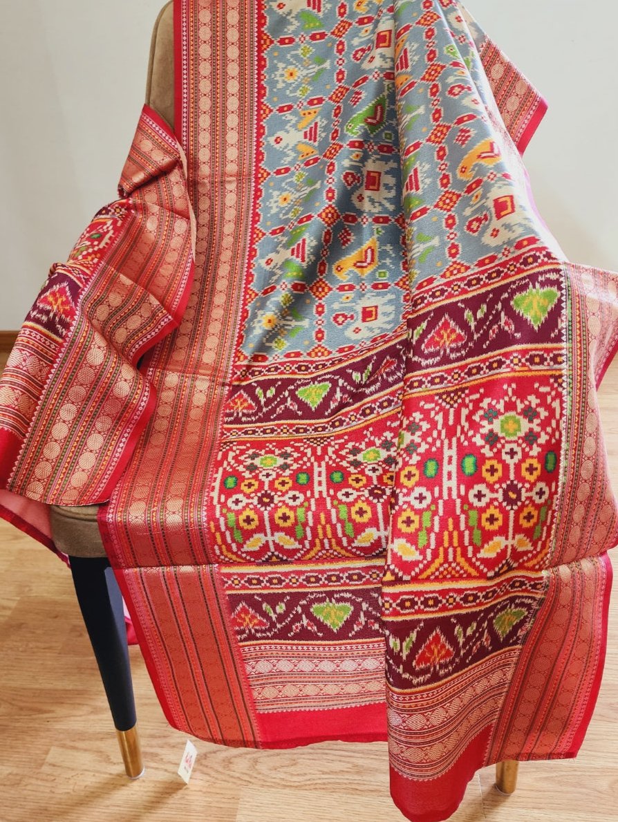 Kalamkari & Patola Print Fusion Grey Dupatta In Cotton Silk