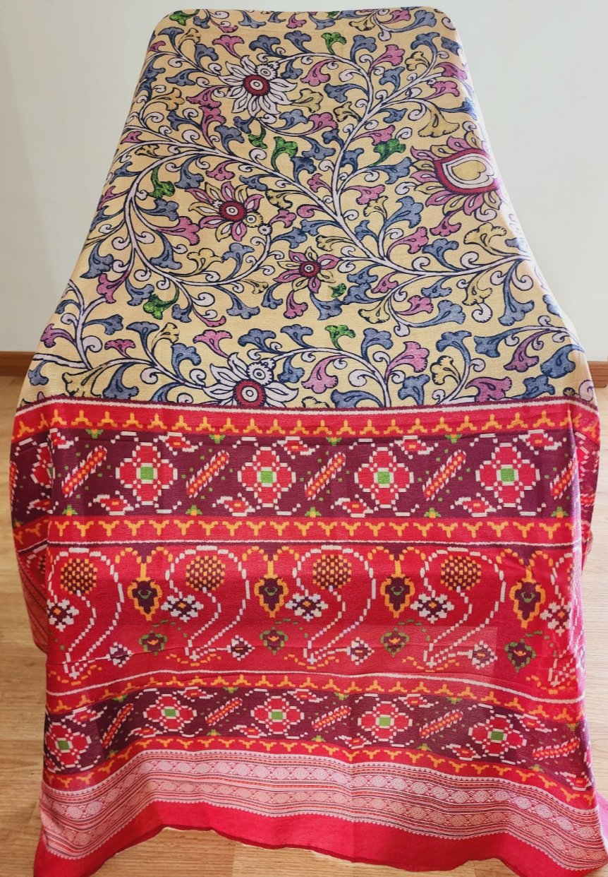 Kalamkari & Patola Print Fusion Beige Dupatta In Cotton Silk