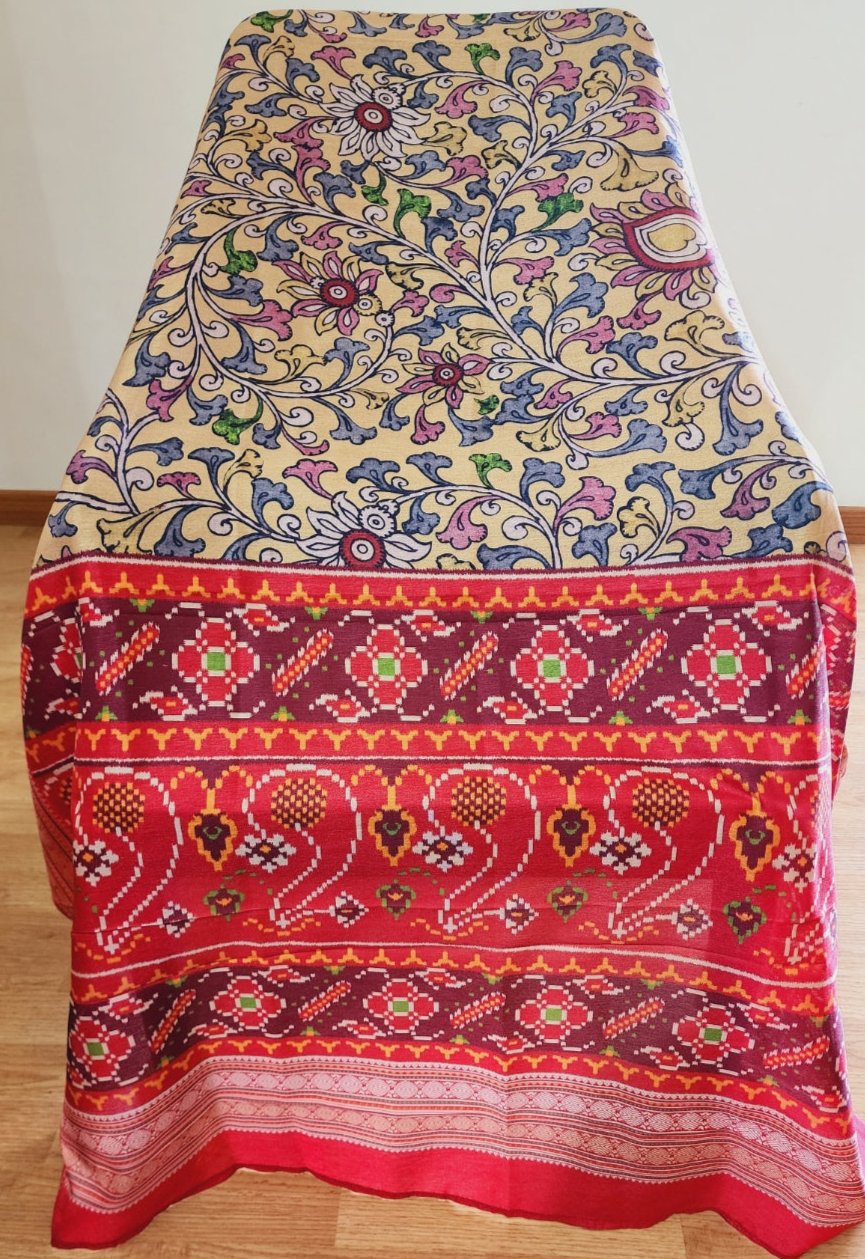 Kalamkari & Patola Print Fusion Beige Dupatta In Cotton Silk