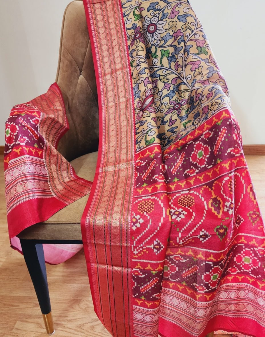 Kalamkari & Patola Print Fusion Beige Dupatta In Cotton Silk