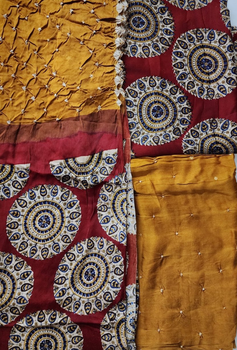 Mustard & Maroon Ajrak Bandhani Kurta Set in Modal Silk