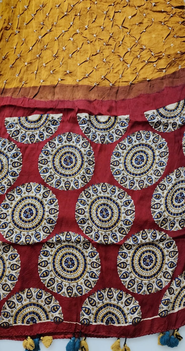 Mustard & Maroon Ajrak Bandhani Kurta Set in Modal Silk