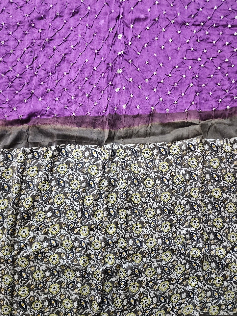 Green & Purple Ajrak Bandhani Kurta Set in Modal Silk