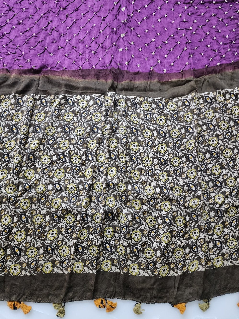Green & Purple Ajrak Bandhani Kurta Set in Modal Silk