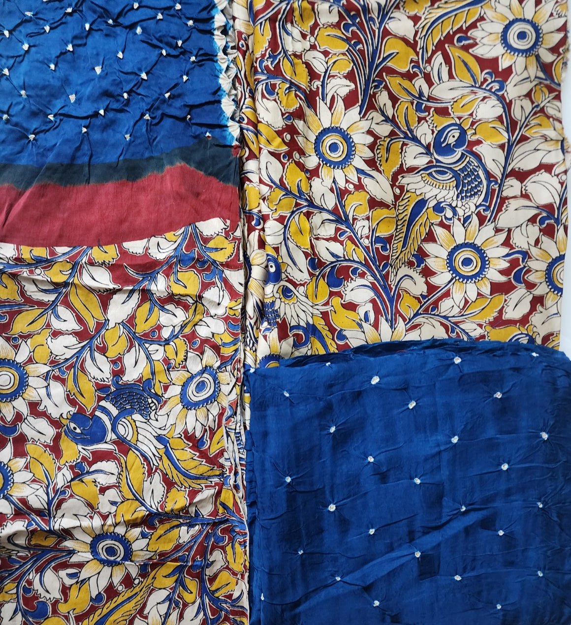 Teal Blue & Multicolor Kalamkari Bandhani Kurta Set in Modal Silk